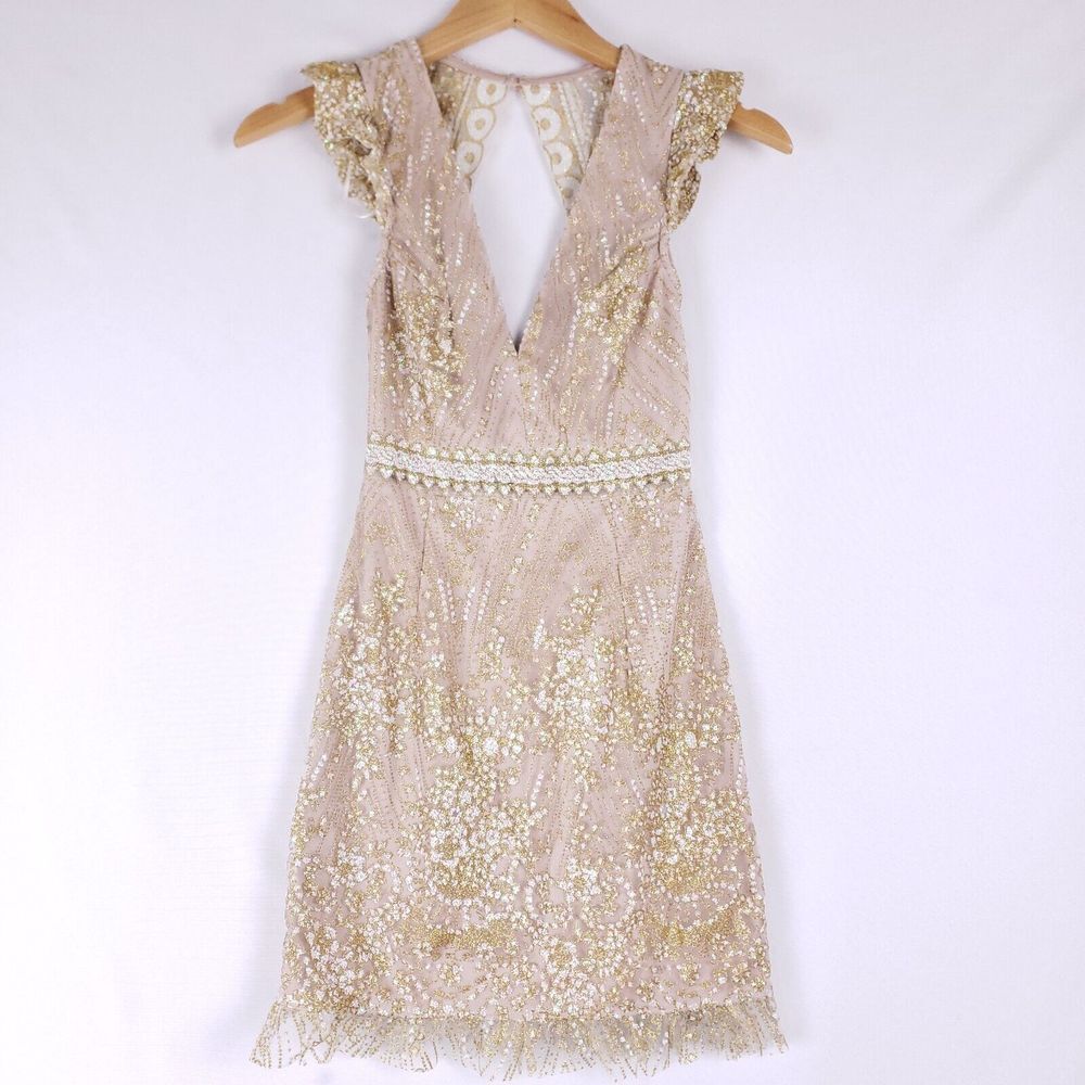 Hello Molly Embellished Sequin Lace Dress US Size 2, Nude Gold Beaded Cap Sleeve